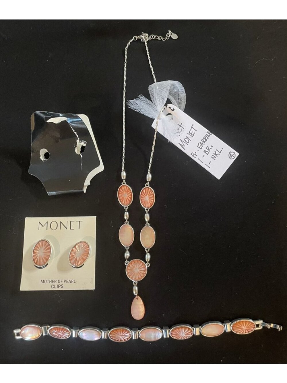 MONET JEWELRY SET- MOTHER OF PEARL-Clip Earrings/Bracelet/Necklace-Marked Monet